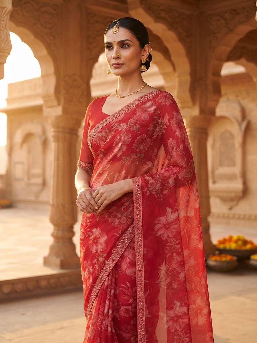 Red Floral Georgette Saree with Blouse Piece