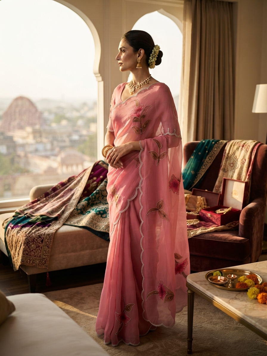 Pink Hand-Painted Chiffon Saree