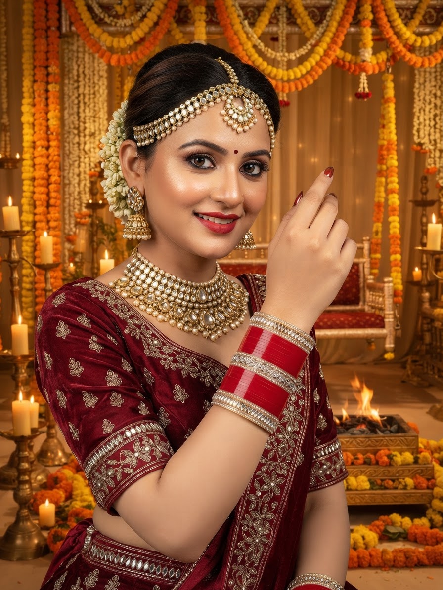 High-Gloss Red Seep Chura Bridal Set with Silver Stone Spacers