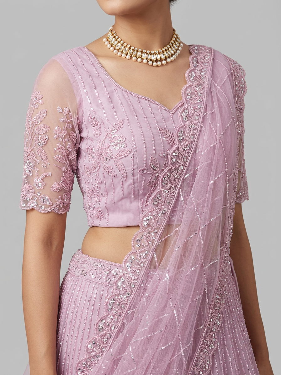 Pink Embellished Bridal Net Lehenga Set
