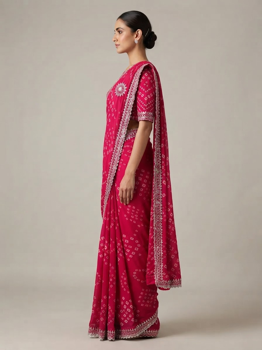 Bandhani Saree — Model — left side view