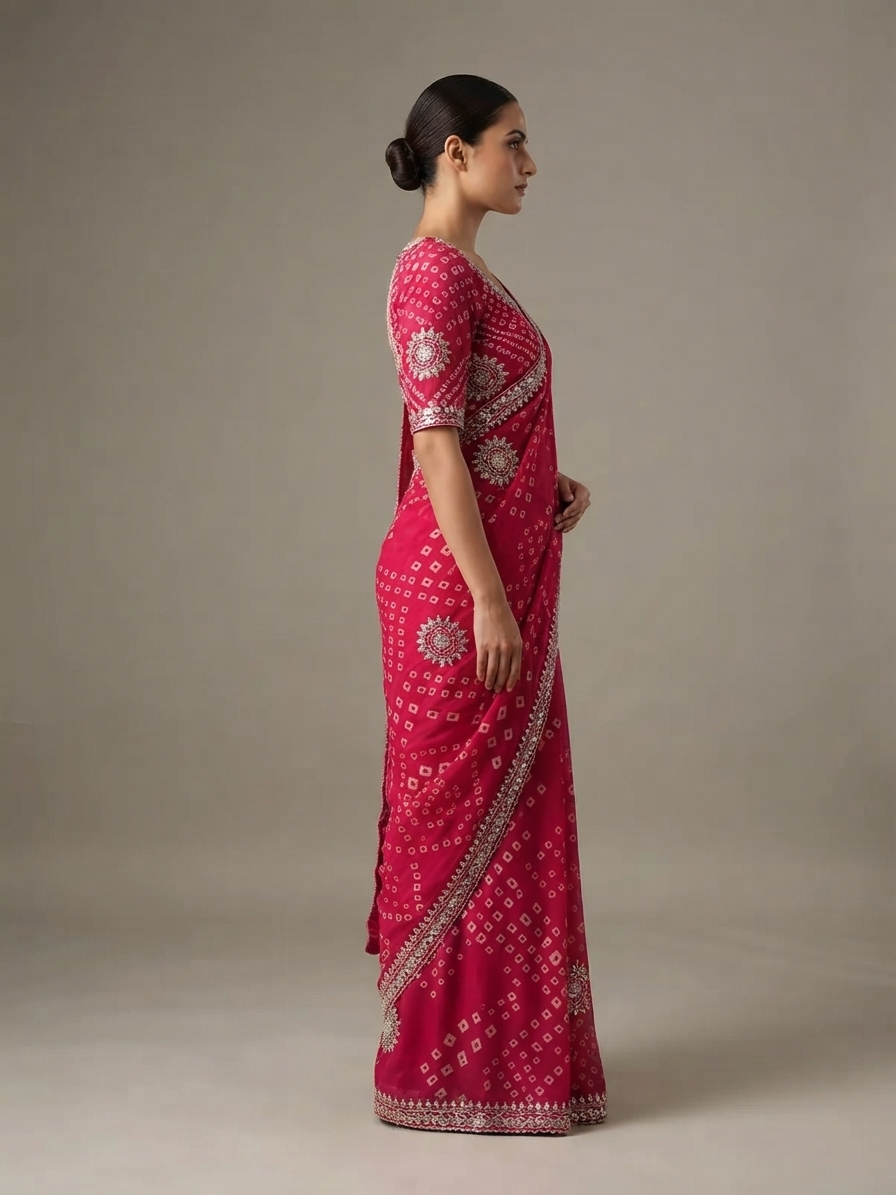 Bandhani Saree — Model — right side view