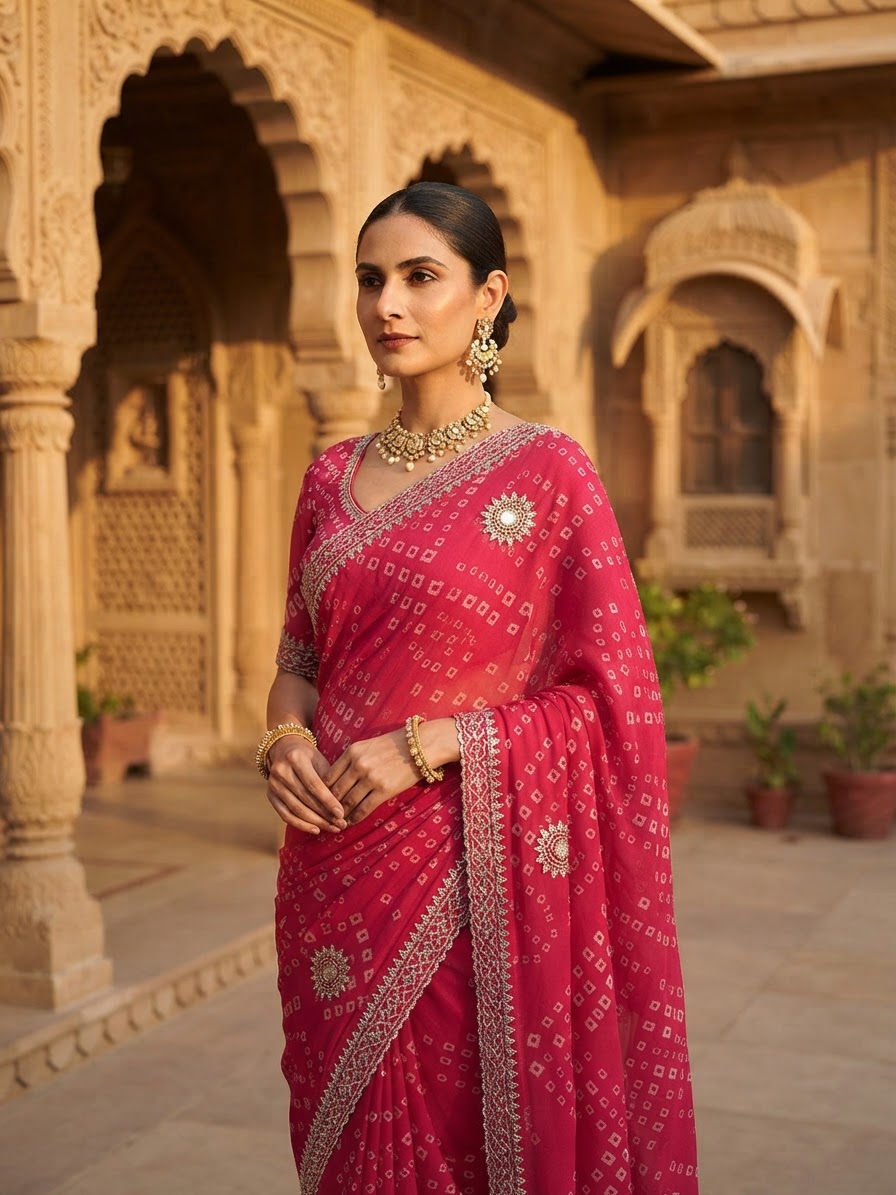 Rani Pink Georgette Bandhani Saree with Cutdana Work