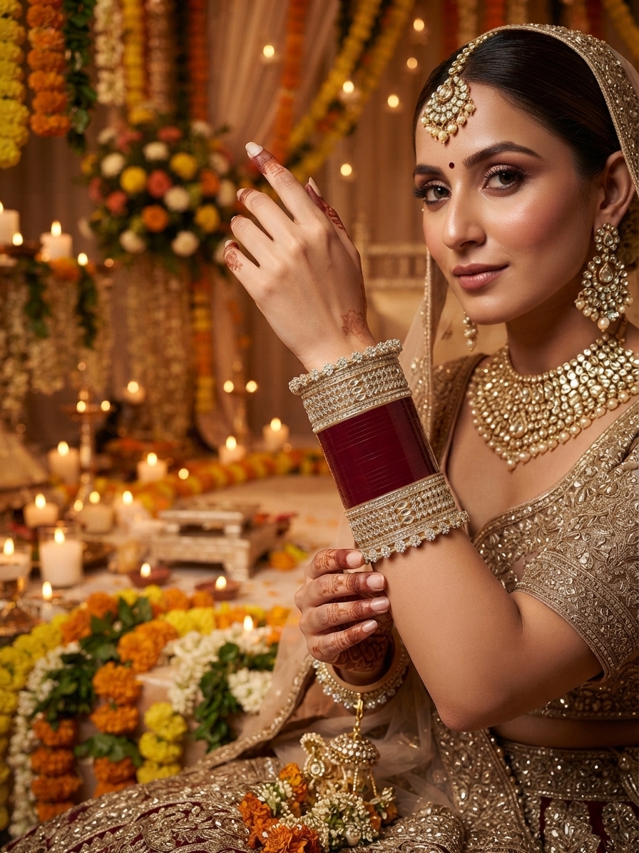 Maroon Seep Chura Bangle Set with Pearl-Style Beaded Border and Gold Accents