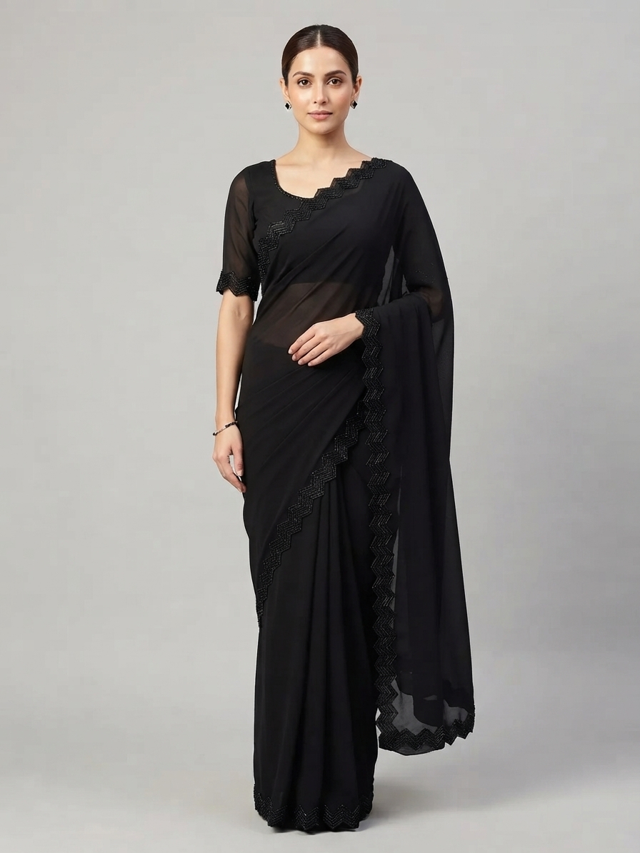 Elegant Black Georgette Beadwork Saree