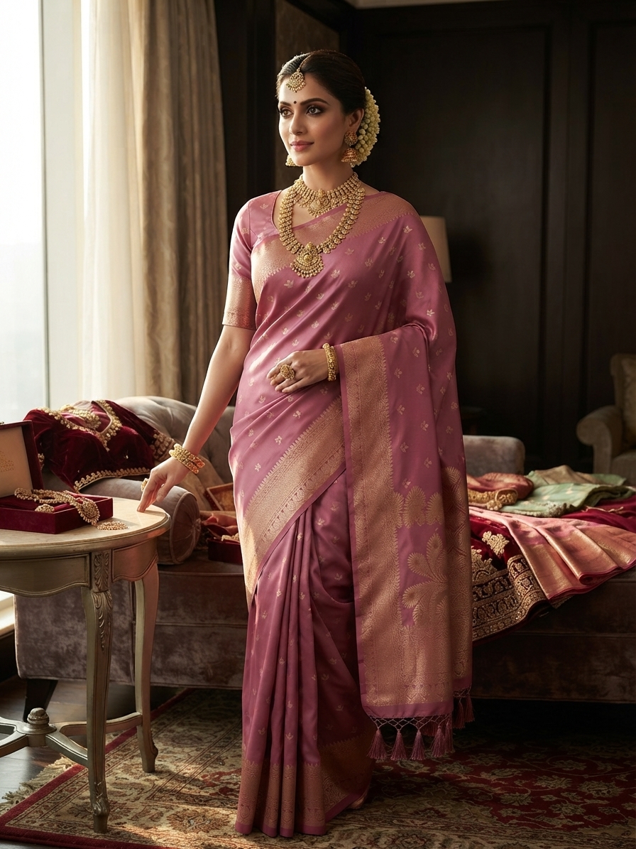 Pink Banarasi Silk Saree with Zari Border