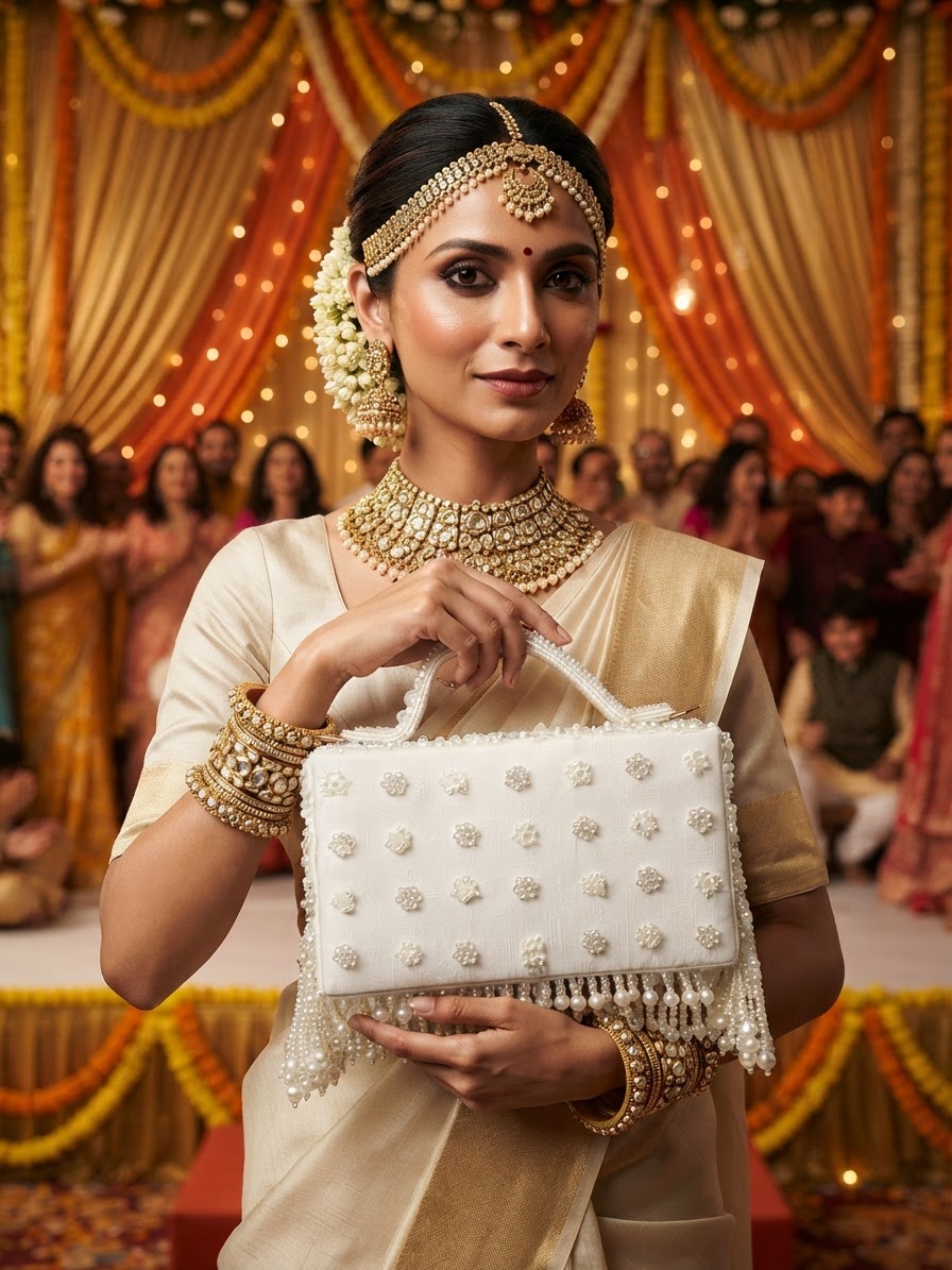 Ivory Pearl Embellished Box Clutch