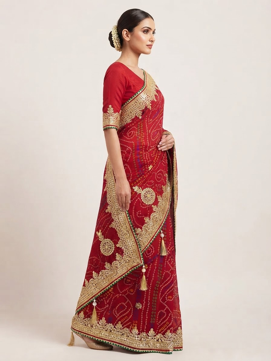 Bandhani Saree — Model — left side view