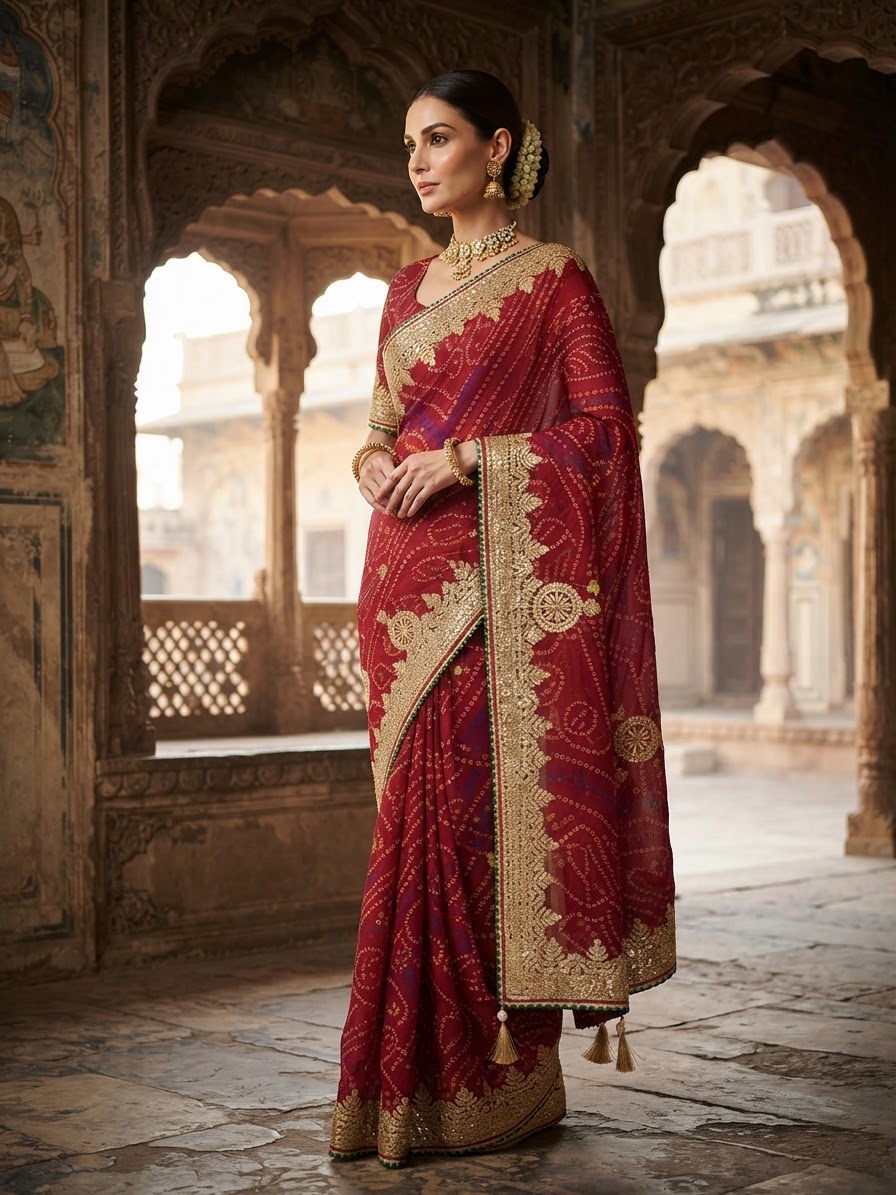 Maroon Georgette Bandhani Saree with Gota Patti