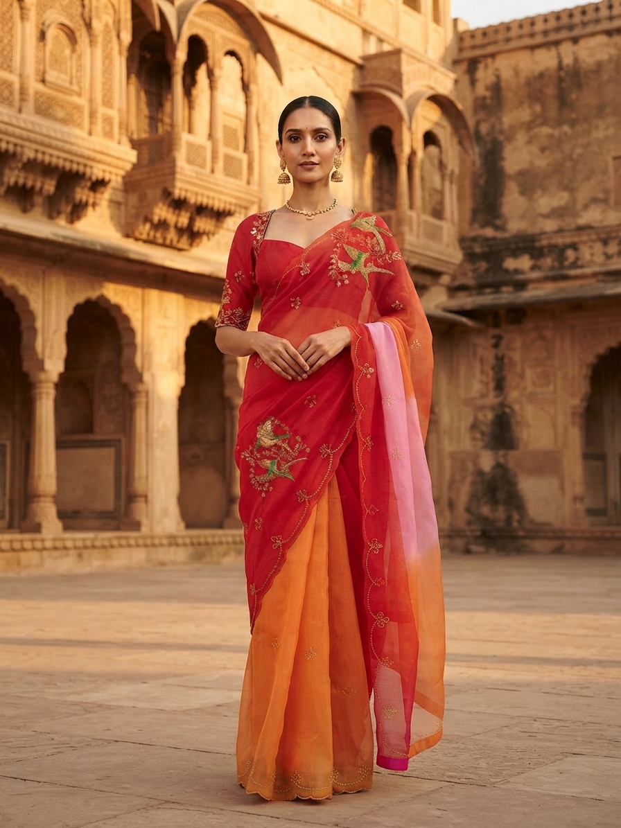 Multicolour Chiffon Embroidered Saree