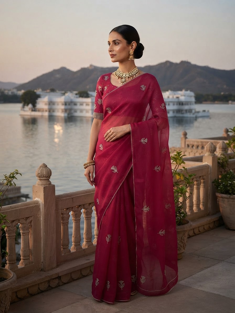 Pink Chiffon Saree with Cutdana & Resham