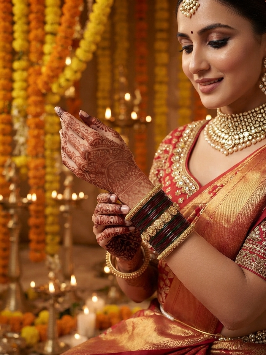 Maroon & Green Stone-Embellished Lakh Chura Bangle Set