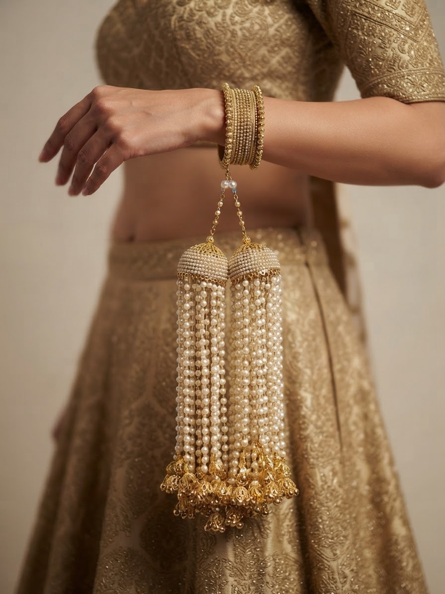 Gold Pearl String Cascading Bridal Kaleera with Bell Drops