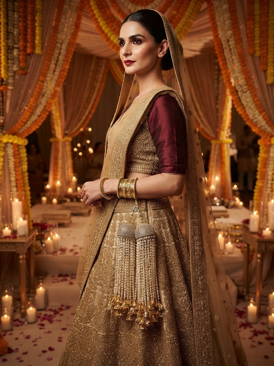 Intricate Stone-Studded Dome and Cascading Pearl Bridal Kaleera