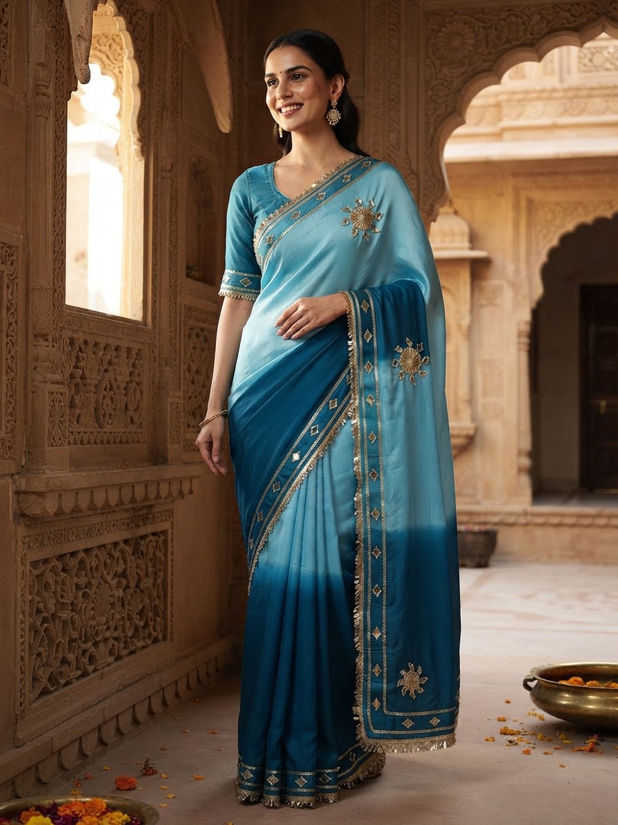 Dual Blue Gota Patti Cotton Silk Saree