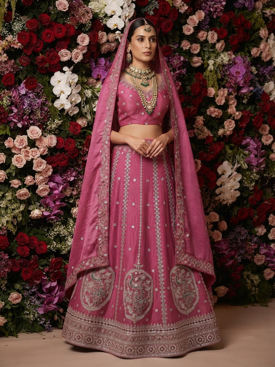 Pink Tissue Embroidered Lehenga Set