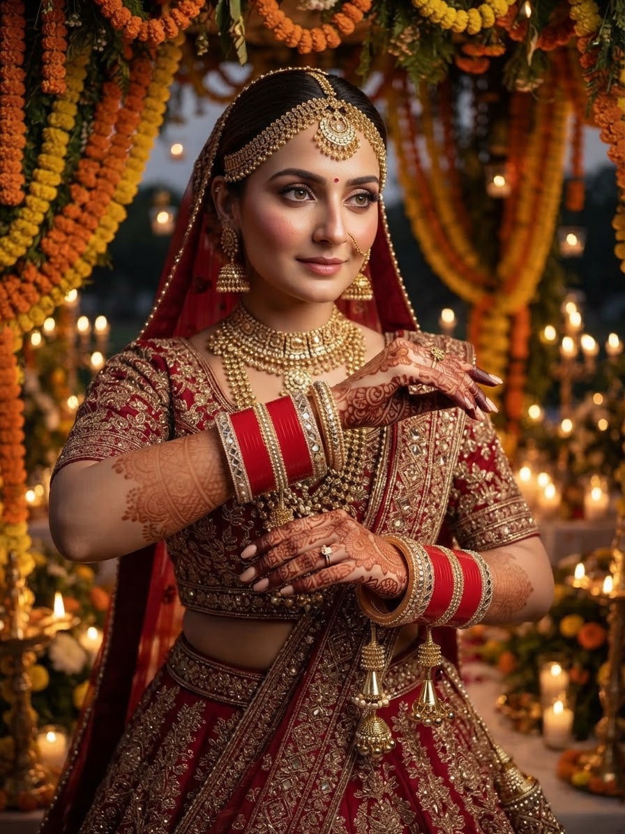 Deep Red Seep Chura with Mirror Work and Bell Charms Bridal Bangle Set
