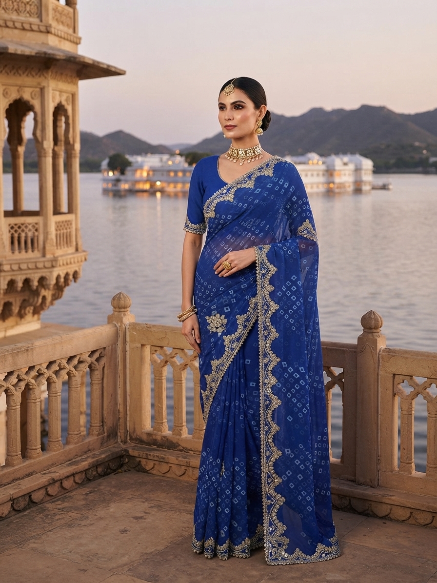 Royal Blue Georgette Bandhani Saree with Embellished Border