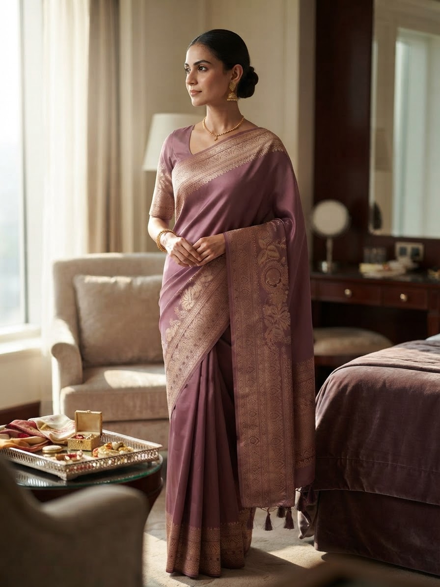 Mauve Silk Saree with Traditional Zari Border