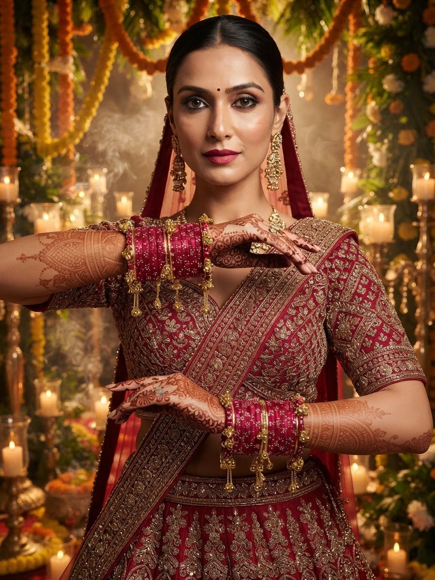 Rani Pink Threadwork Bangle Set with Gold-Tone Charms