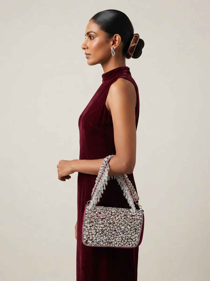 Maroon Velvet Stone Embellished Flap Bag