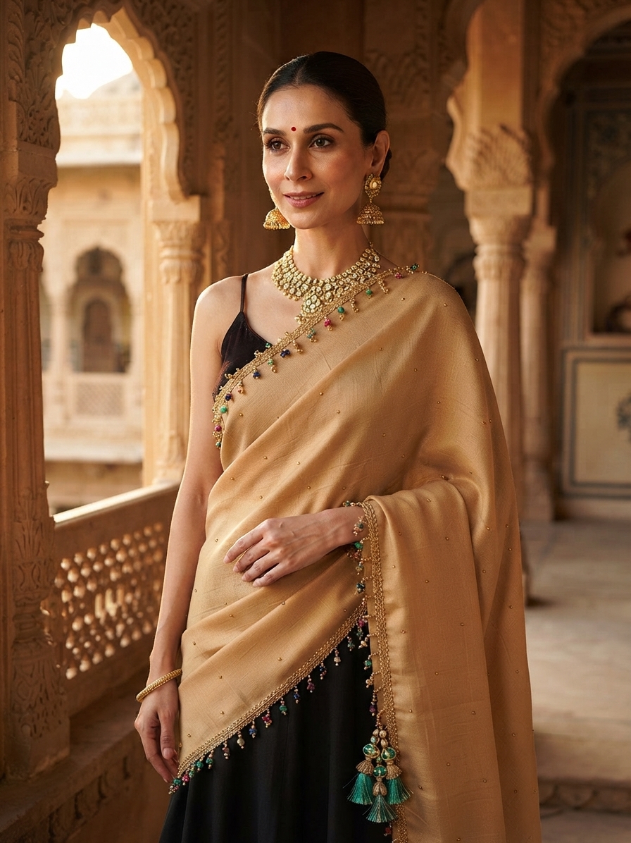 Gold Pashmina Shawl with Beaded Embellishments
