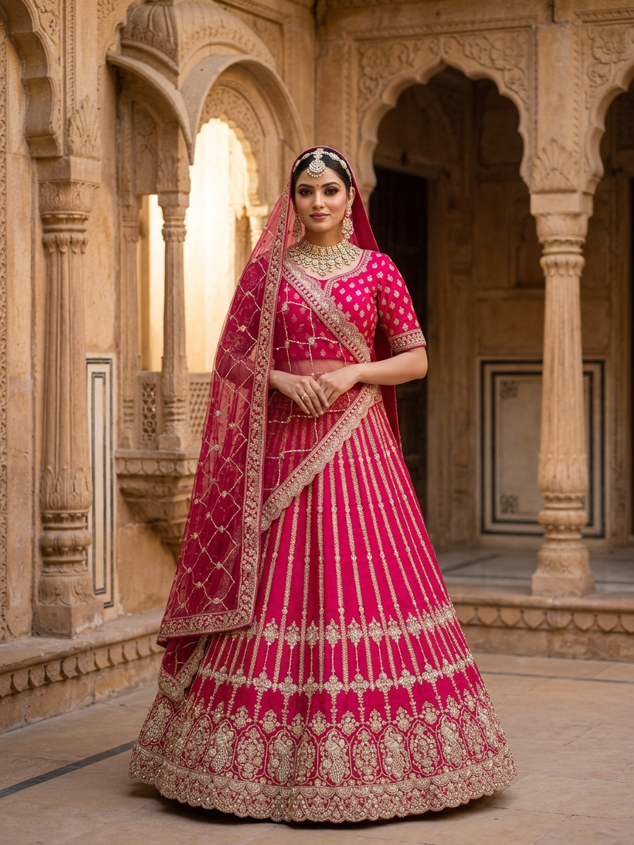 Rani Pink Bridal Lehenga Set with Intricate Handwork