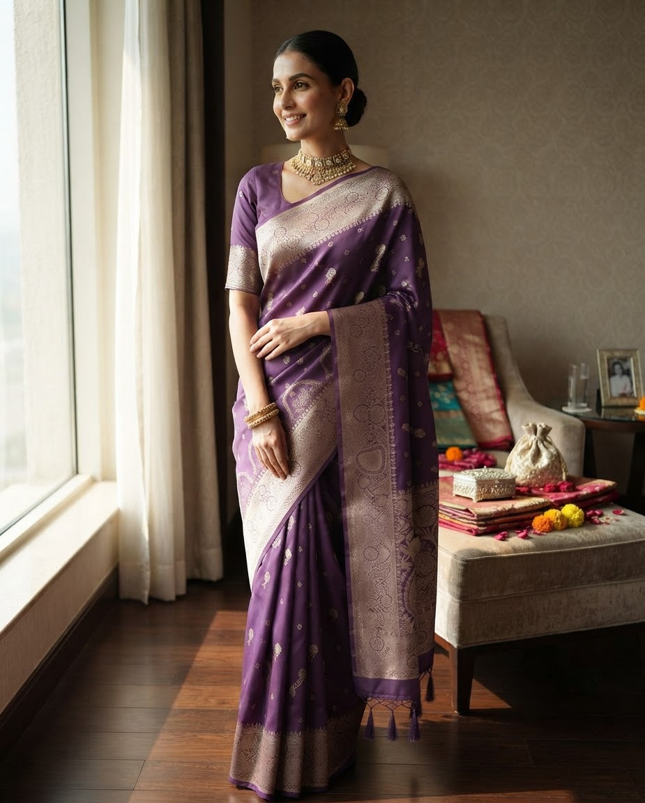 Purple Banarasi Silk Saree with Zari Work
