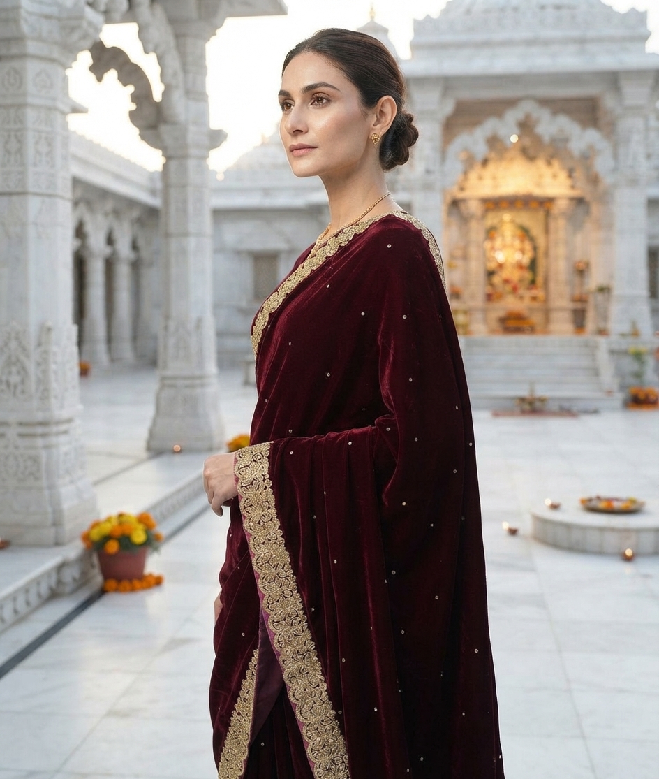 Festive woman wearing it · Temple courtyard (marble)