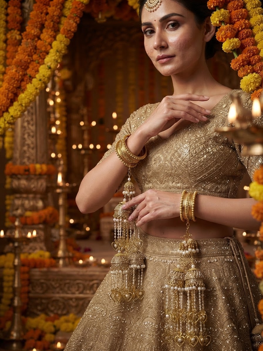 Gold-Tone Bridal Kaleera with Tiered Jhumki and Heart Charms