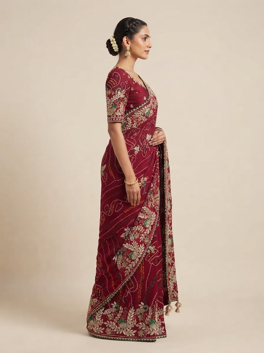 Bandhani Saree — Model — right side view