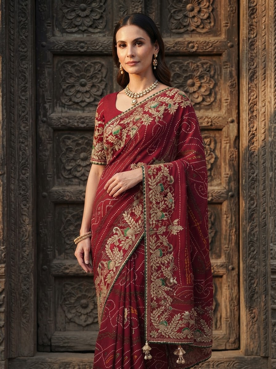 Maroon Pure Georgette Bandhani Saree with Gota Patti