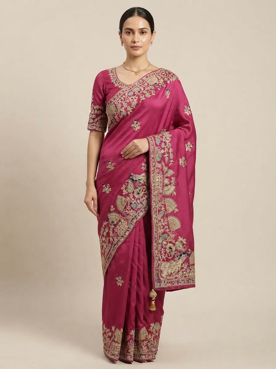 Rani Pink Embroidered Cotton Silk Designer Saree