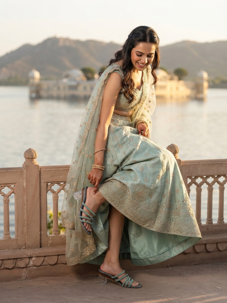 Teal Stone-Embellished Block Heel Sandals