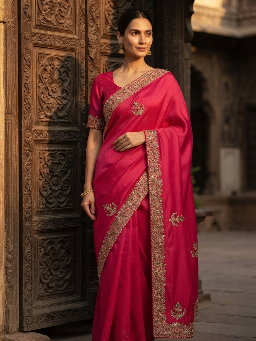 Rani Pink Banarasi Silk Designer Saree with Embroidery
