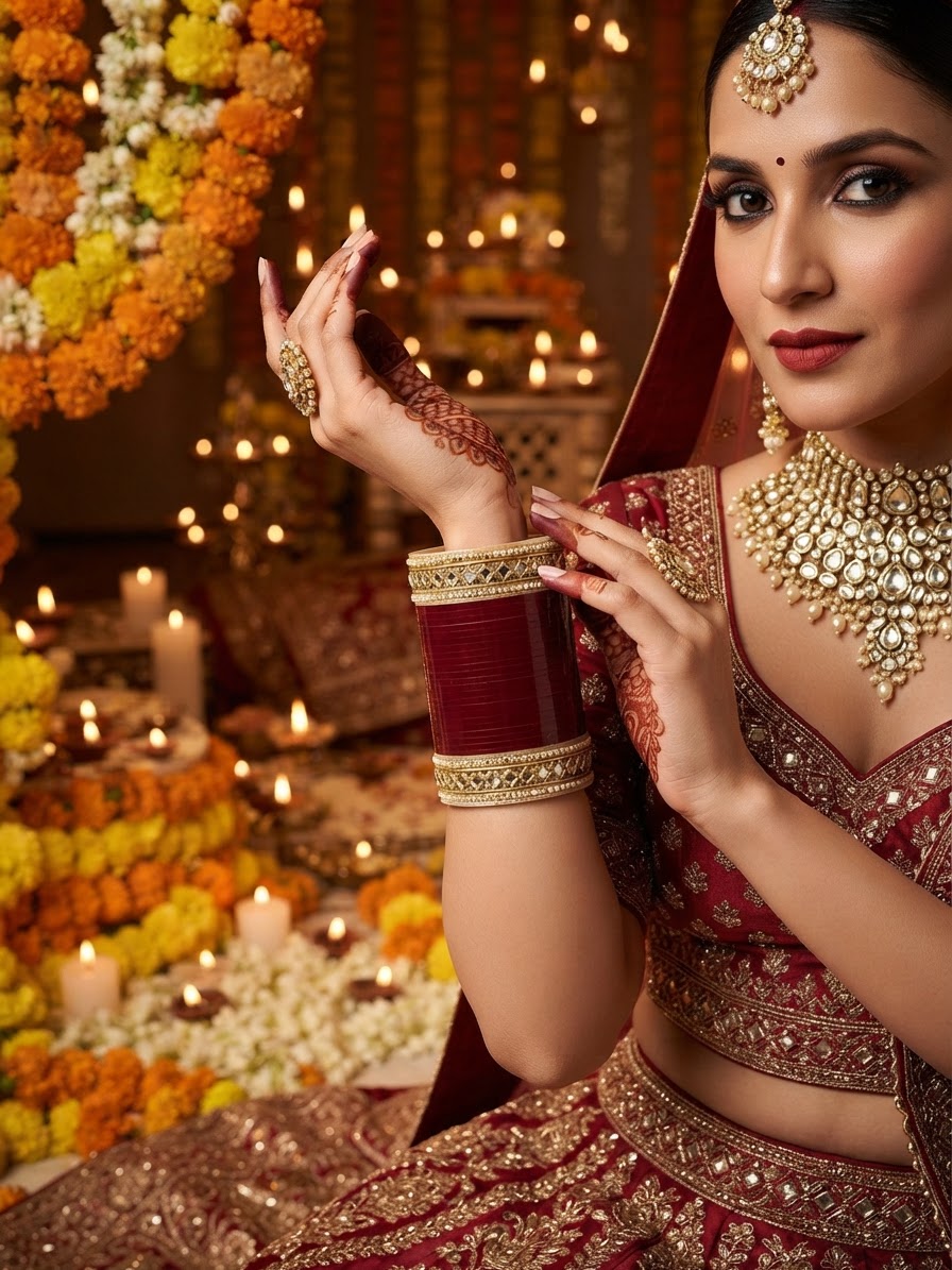 Deep Red Seep Chura Bridal Set with Gold-Tone Stone & Pearl