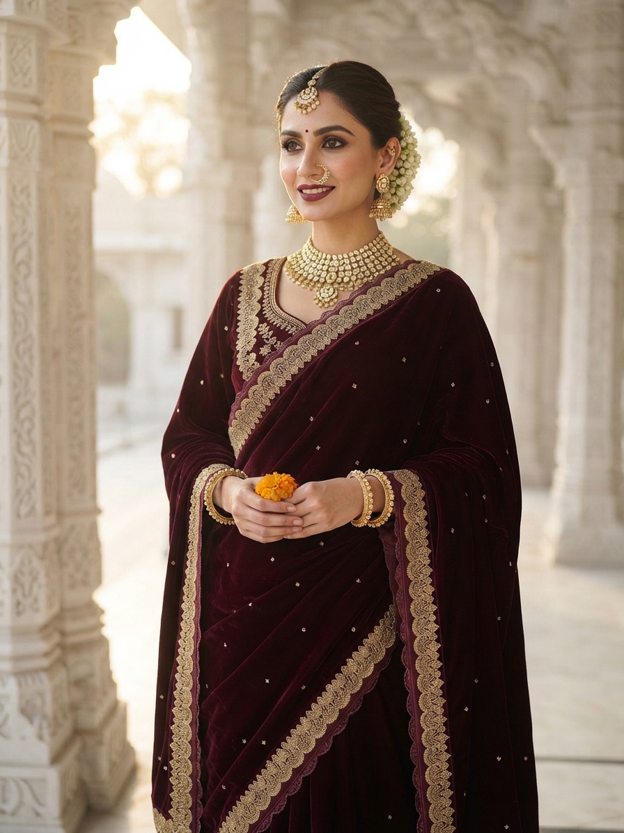 Indian bride wearing it · Temple courtyard (marble)