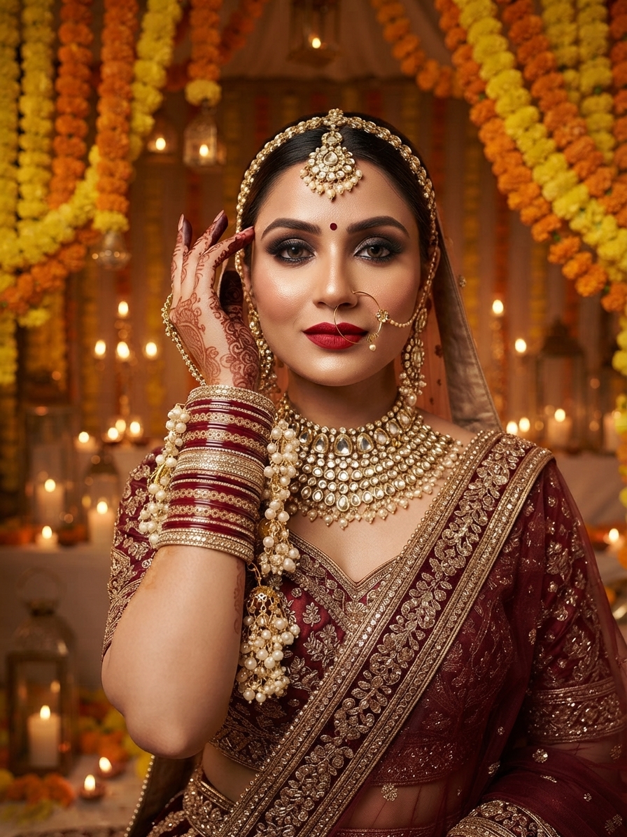 Intricate Stone-Studded Red Lakh Chura Bangle Set with Pearl Hangings