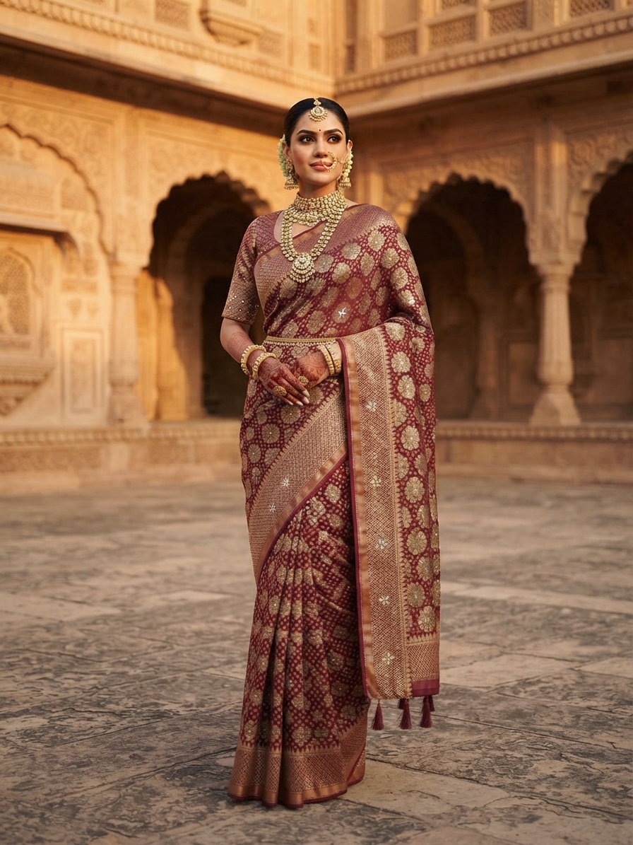 Maroon Pure Georgette Bandhani Saree with Mirror & Beadwork