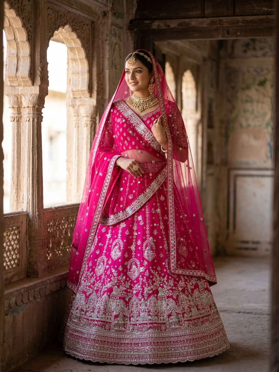Rani Pink Bridal Lehenga Set with Elephant Motif Border