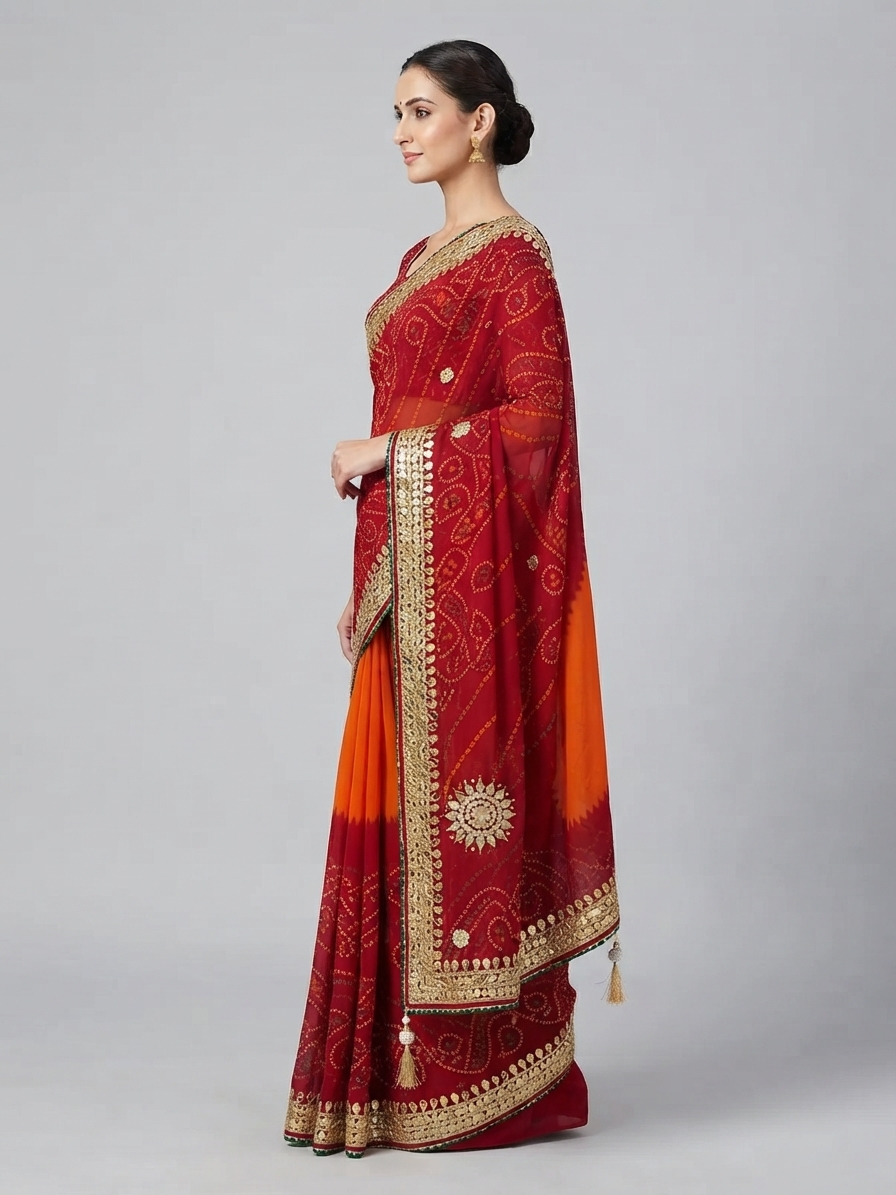 Bandhani Saree — Model — left side view