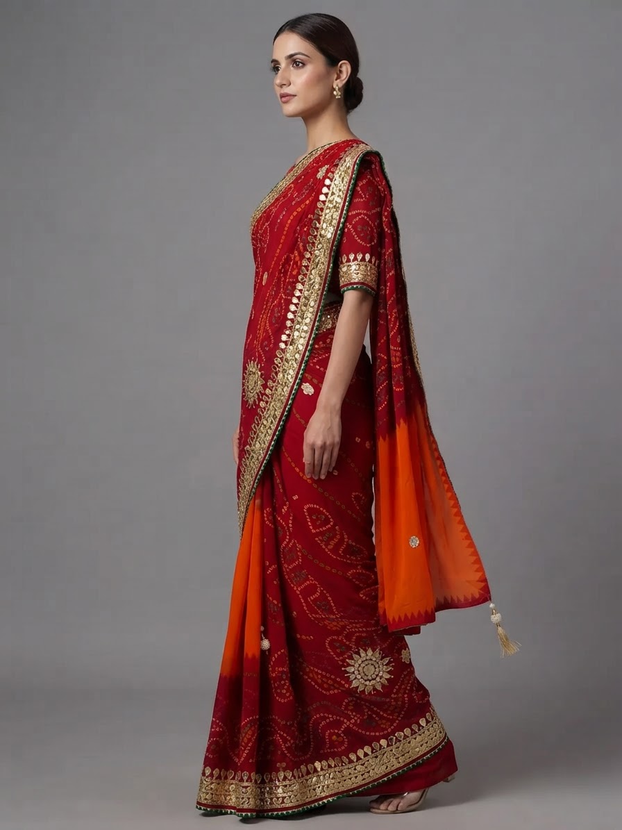 Bandhani Saree — Model — right side view