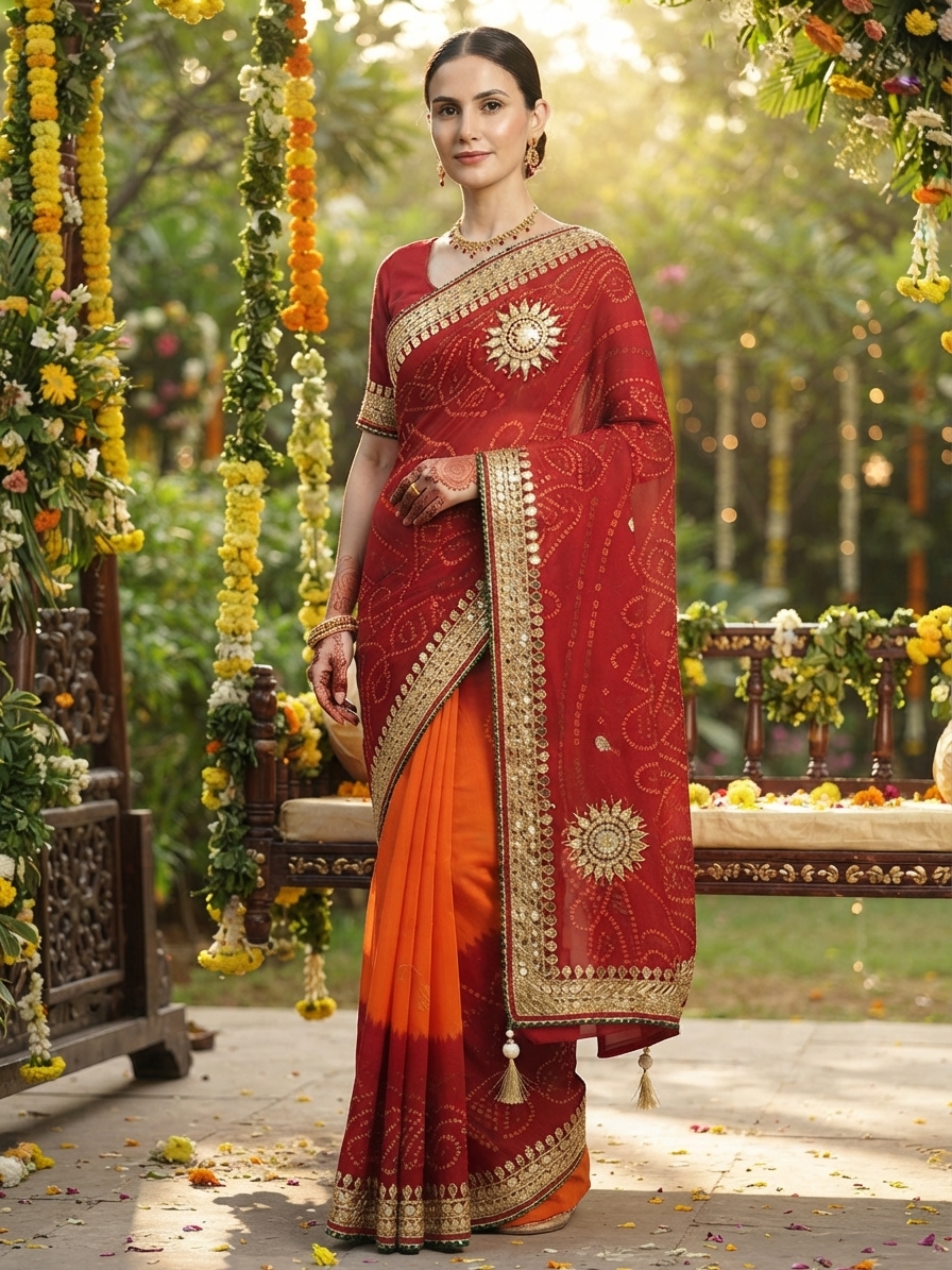 Red and Orange Bandhani Georgette Saree