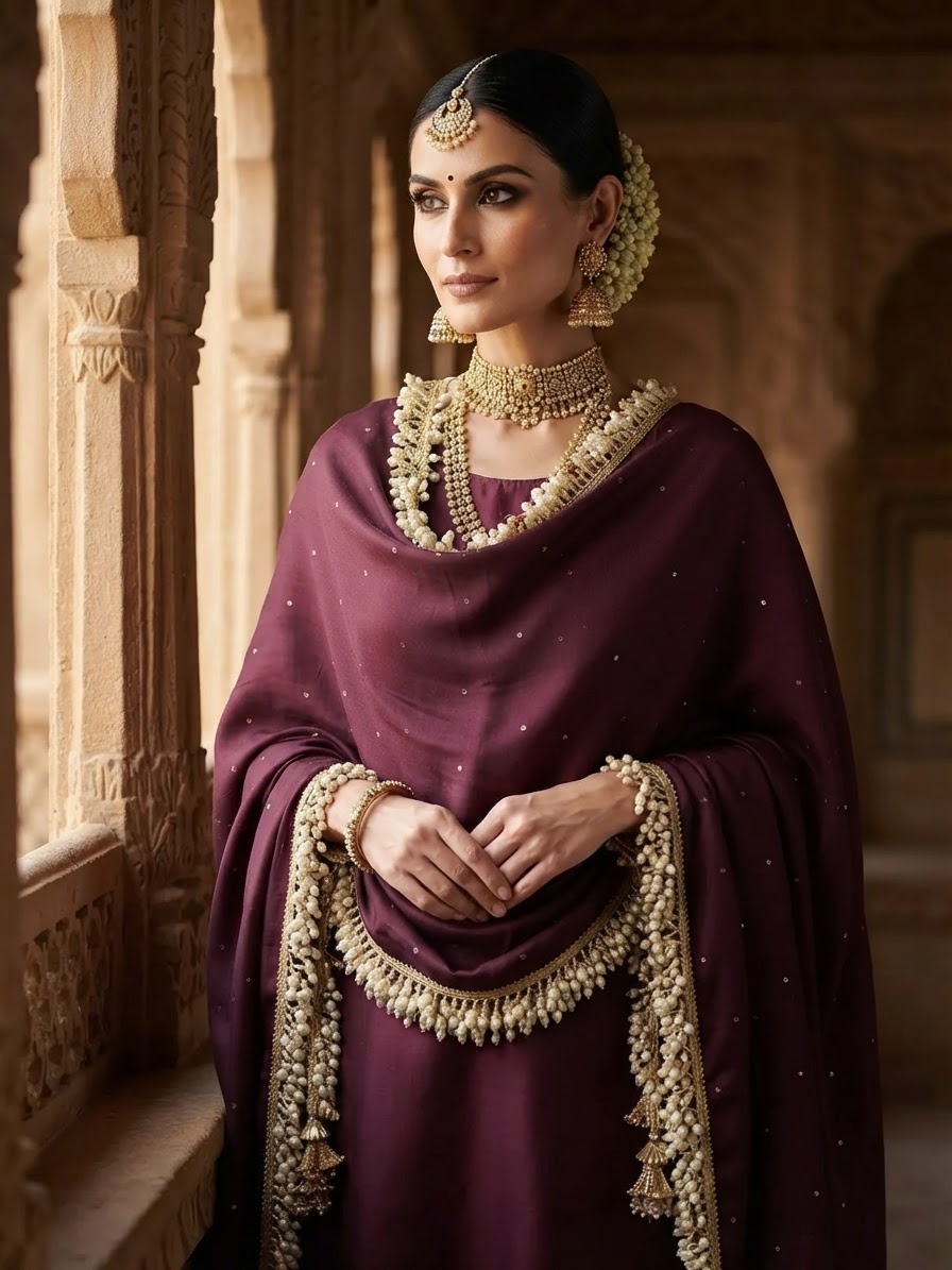 Wine Pashmina Shawl with Pearl and Gota Patti Work