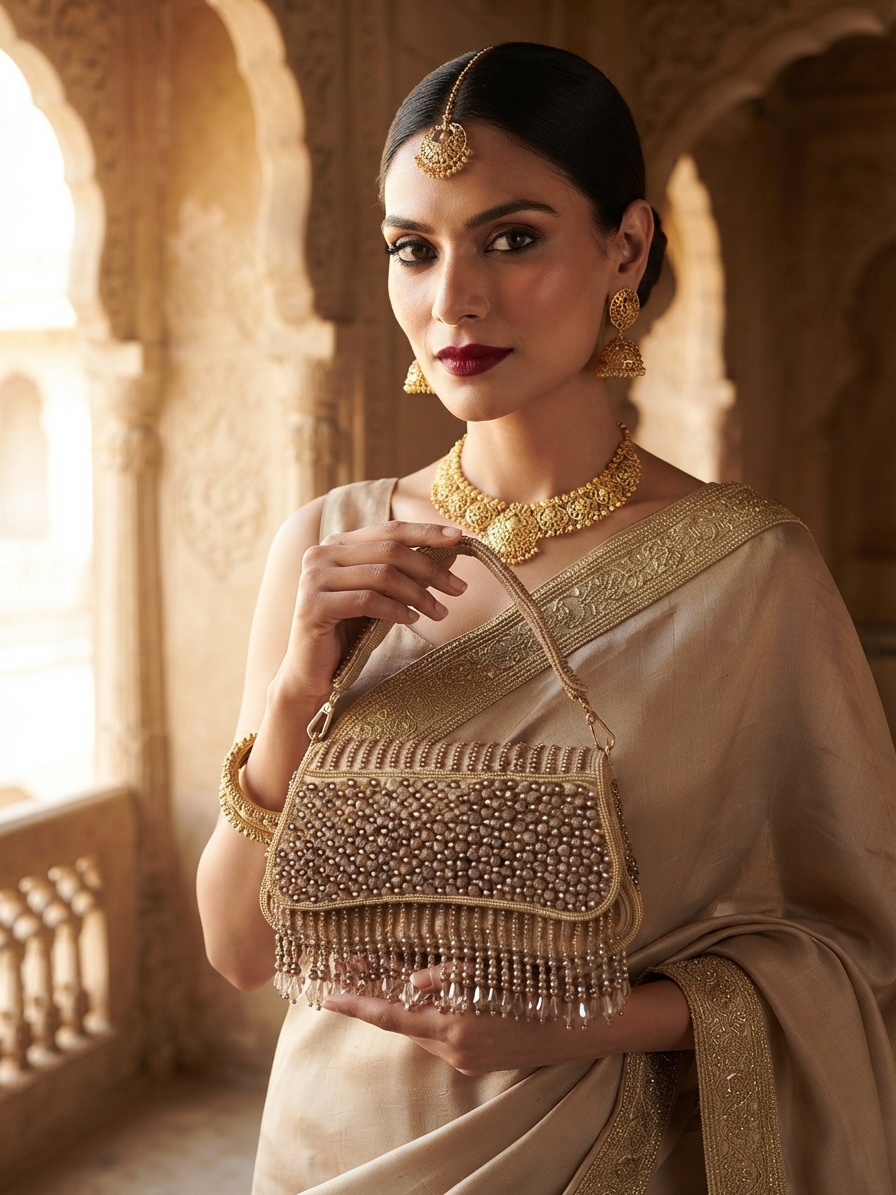 Beige Beaded Tassel Clutch Bag