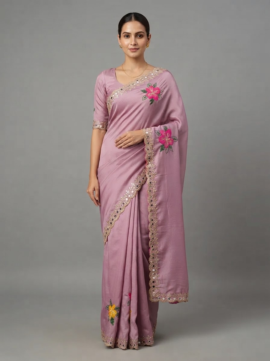 Dusty Pink Embroidered Saree with Mirror Work