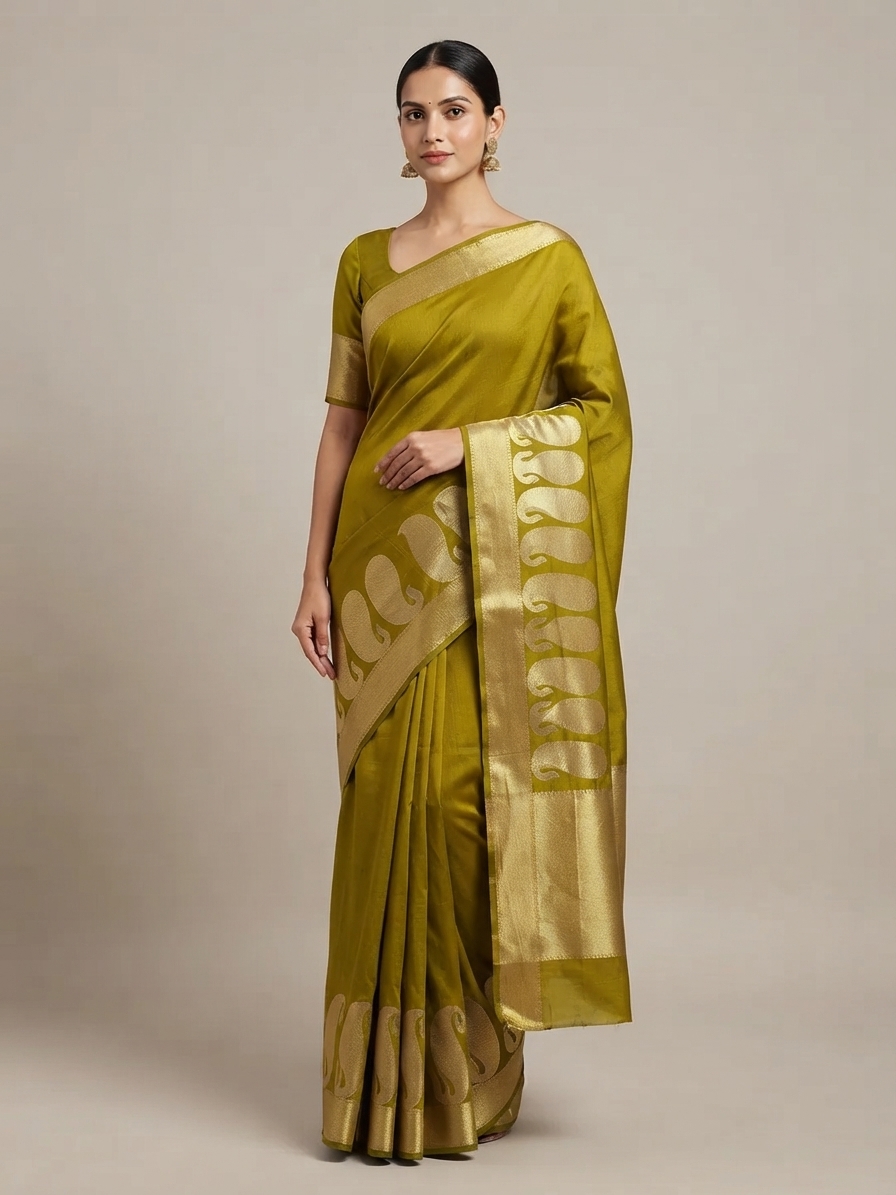 Mehndi Green Silk Saree with Gold Jacquard Border