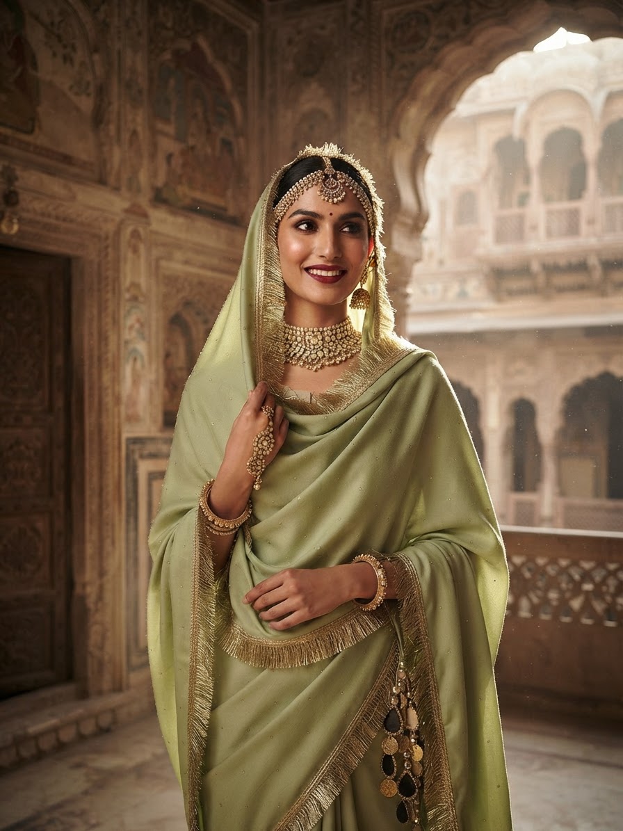 Sage Green Pashmina Shawl with Gold Zari & Mirror Work