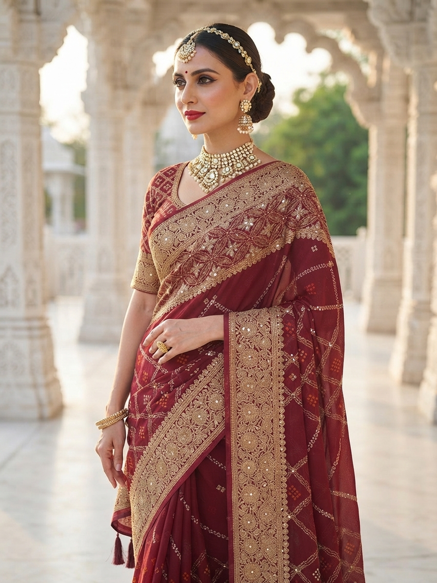 Maroon Pure Georgette Bandhani Saree with Zardosi Work