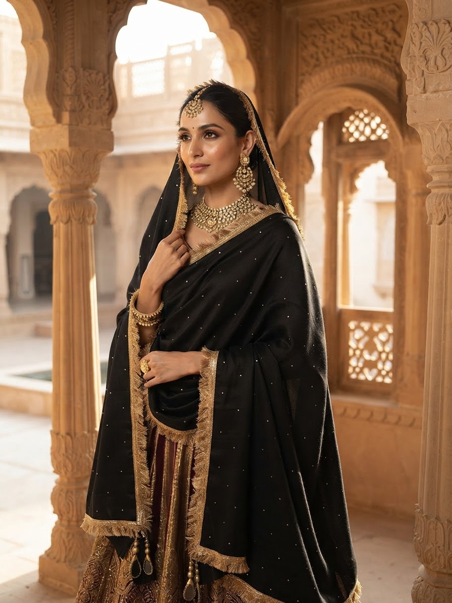 Black Pashmina Shawl with Gold Embellishments